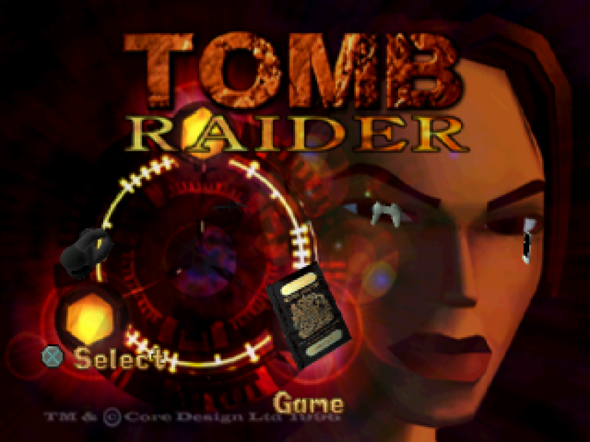 Tomb Raider title screen for PlayStation 1 PS1 video game, action adventure, exploration and puzzle solving, classic Lara Croft debut title
