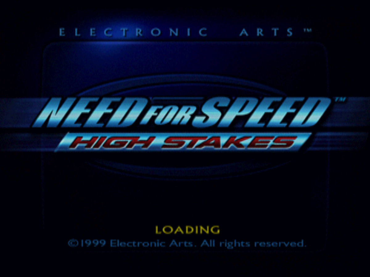 Need for Speed High Stakes game for the PlayStation featuring arcade style racing gameplay with exotic cars police pursuits career progression damage modeling and high risk betting mechanics across varied tracks and race modes title screen