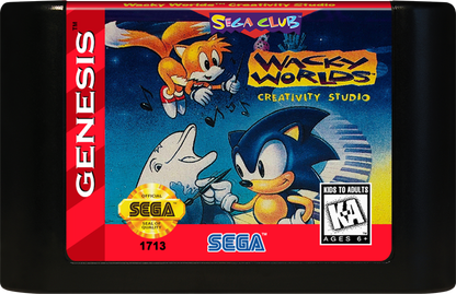 Wacky Worlds Creativity Studio Sega Genesis for retro video game enthusiasts featuring creative art and drawing gameplay digital coloring tools animated stickers imaginative scene creation family friendly educational entertainment classic console creativity and collectible gaming appeal cartridge 