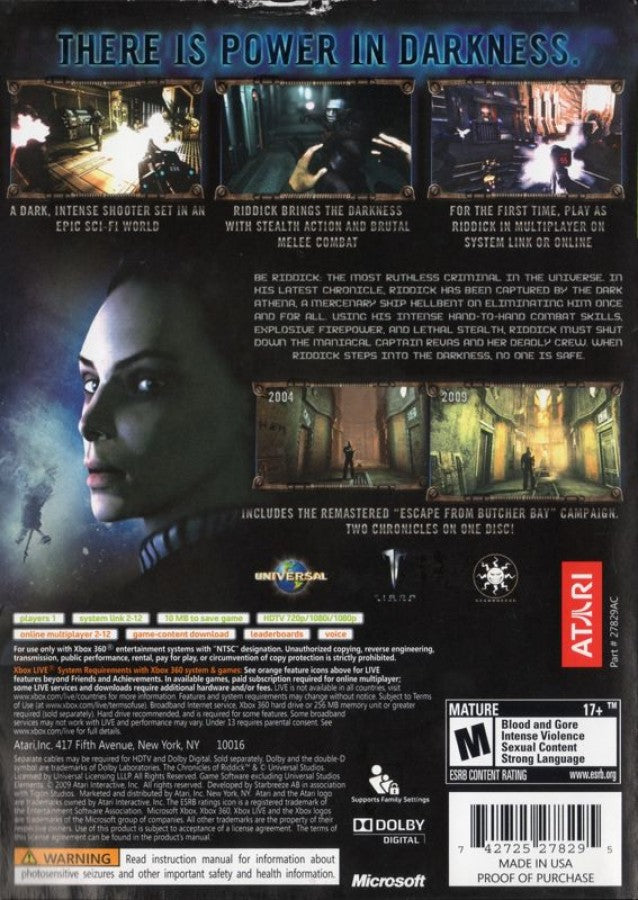 The Chronicles of Riddick: Assault on Dark Athena back of case for Xbox 360 (X360) sci-fi first-person shooter action video game
