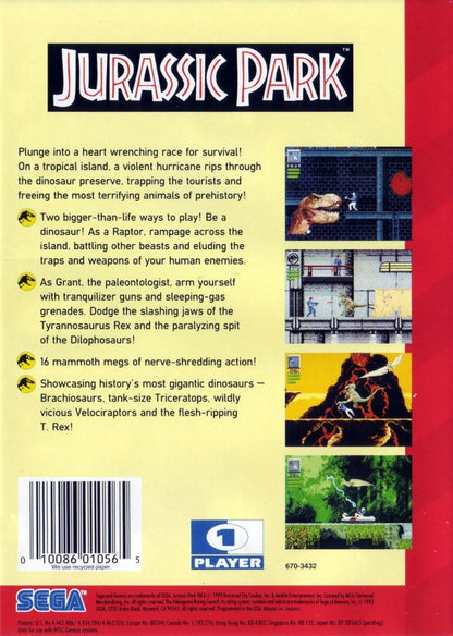 Jurassic Park back cover art for Sega Genesis (GEN) video game