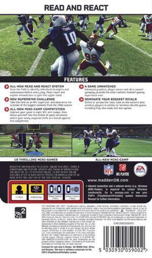 Madden NFL 2008 back of case for PlayStation Portable (PSP) football sports video game