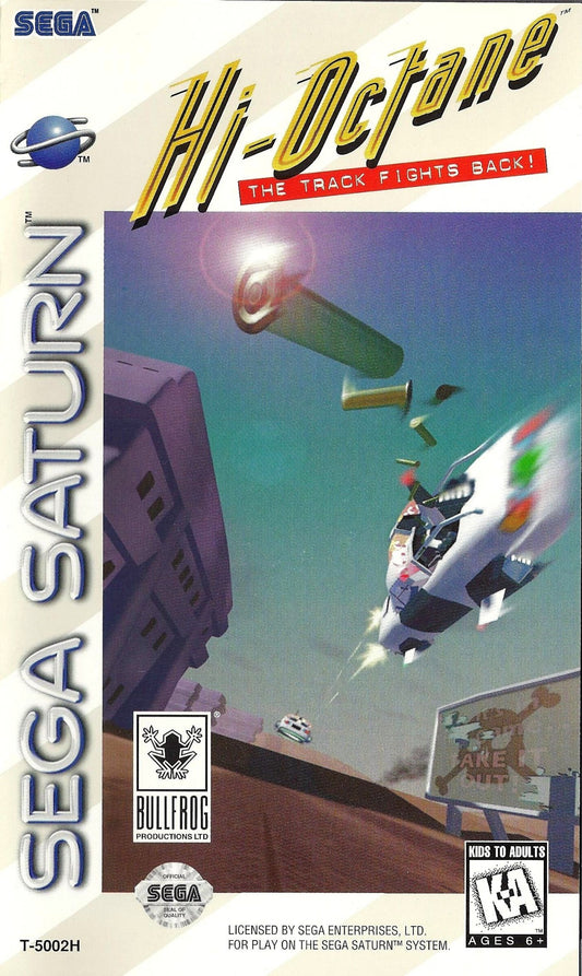 Hi Octane Sega Saturn vehicular combat racing game high speed combat driving vehicles weapons futuristic racing arcade style action EA Electronic Arts retro Saturn game Sega Saturn software video game title front cover
