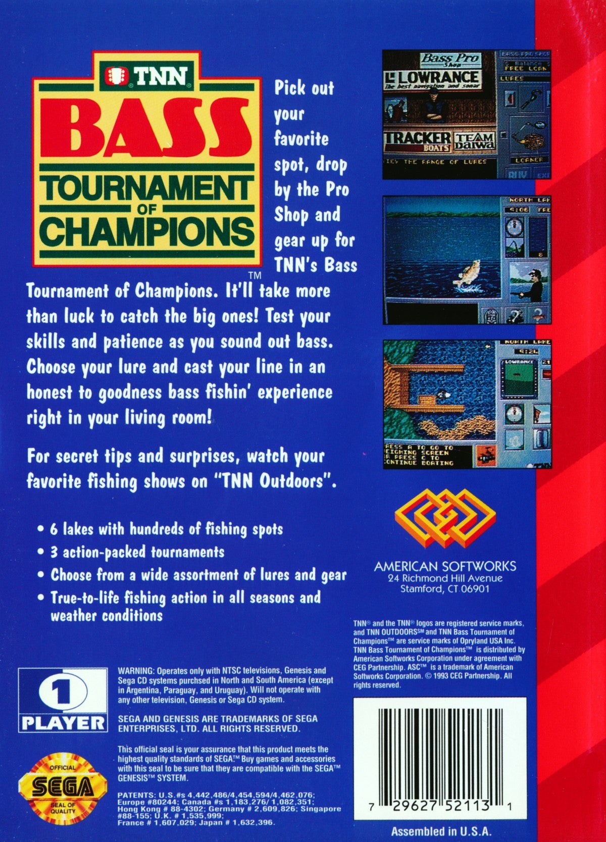 TNN Bass Tournament of Champions Sega Genesis GEN video game featuring fishing simulation gameplay bass fishing tournaments competitive angling challenges realistic fishing action tournament events lure selection and classic 16 bit Sega gameplay retro video game collection collectible gaming appeal back cover art