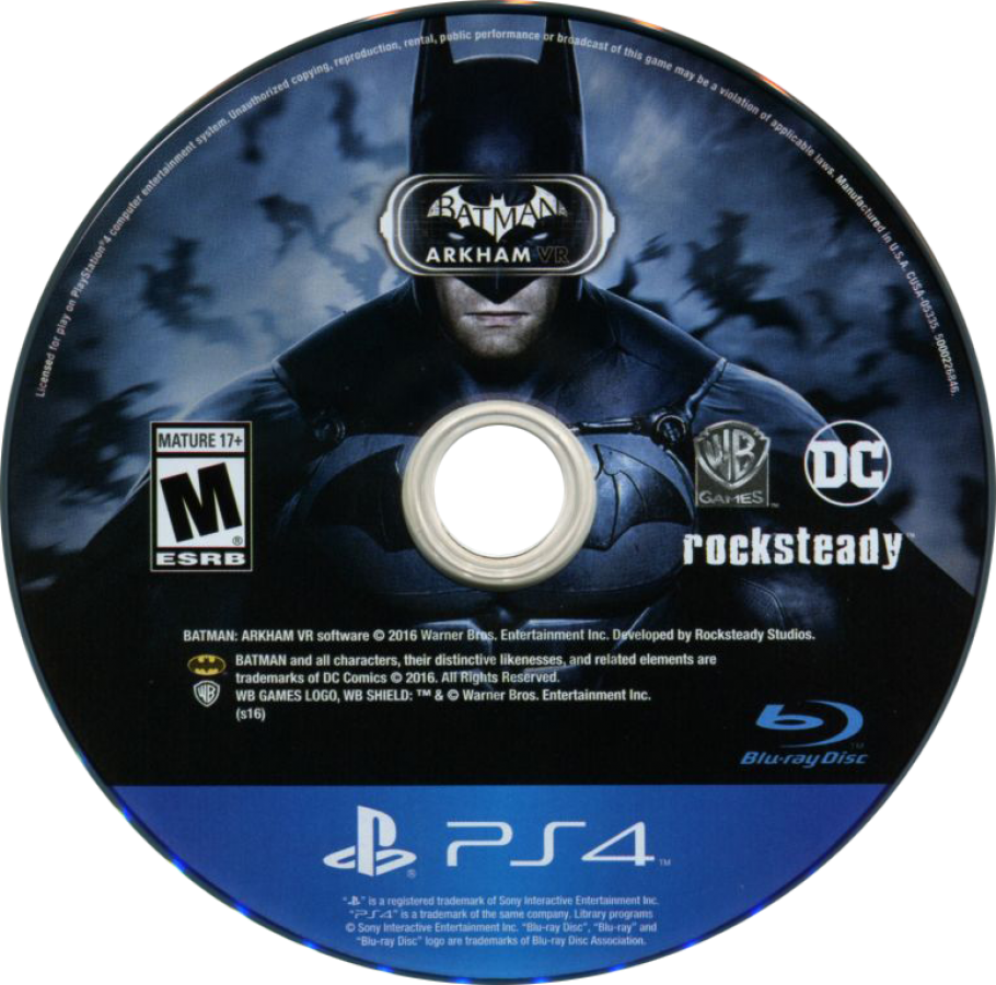 Batman Arkham VR for PlayStation 4, disc for a virtual reality action-adventure video game with detective gameplay, immersive exploration, puzzle-solving, and Batman-themed mystery