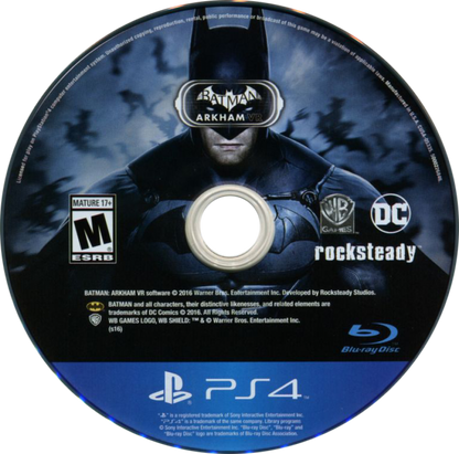 Batman Arkham VR for PlayStation 4, disc for a virtual reality action-adventure video game with detective gameplay, immersive exploration, puzzle-solving, and Batman-themed mystery