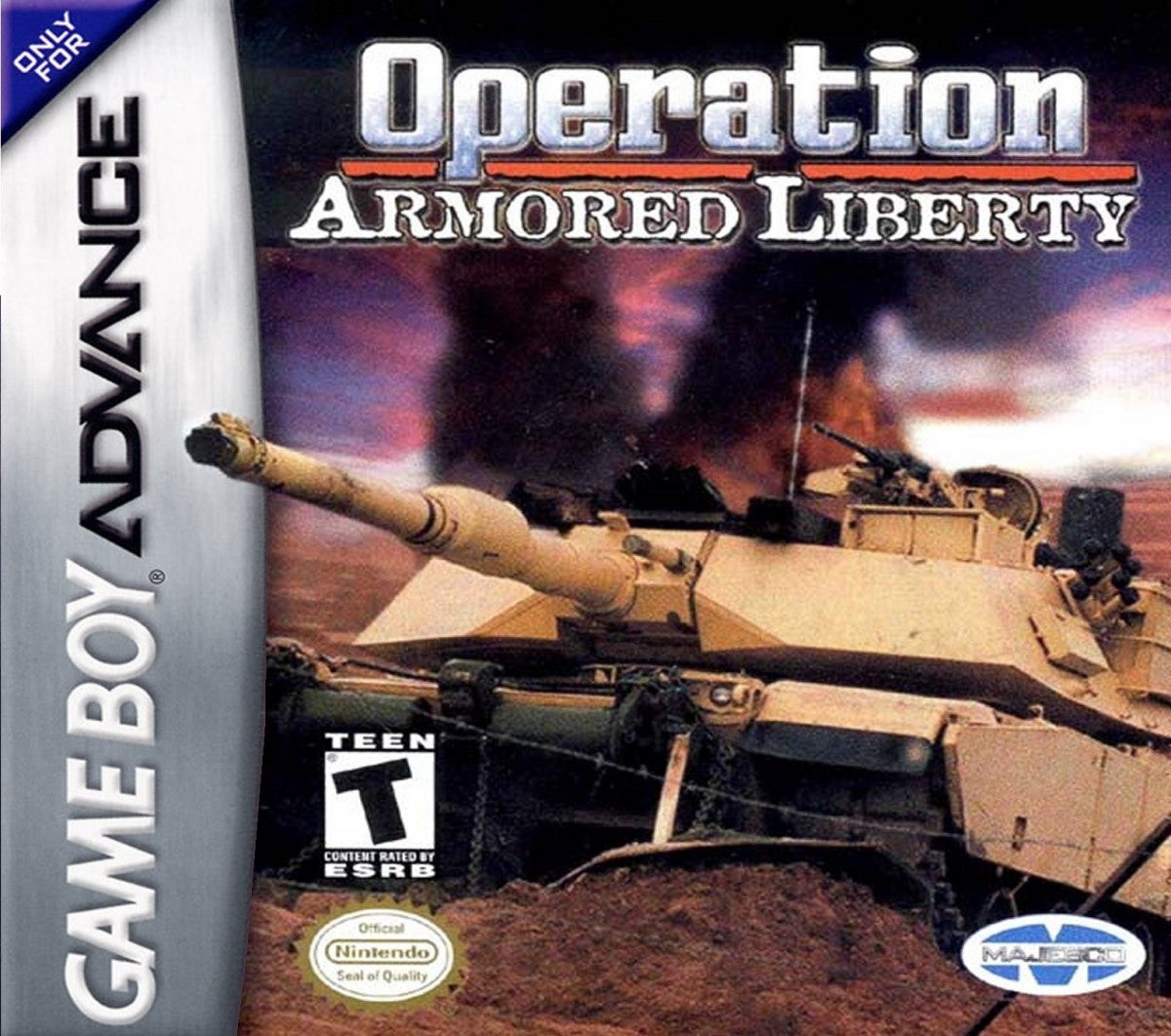 Operation Armored Liberty Game Boy Advance GBA cover art for retro video game enthusiasts featuring military action gameplay side scrolling shooter mechanics tactical combat missions futuristic warfare setting explosive battlefield encounters and portable handheld arcade style gaming experience and collectible gaming appeal