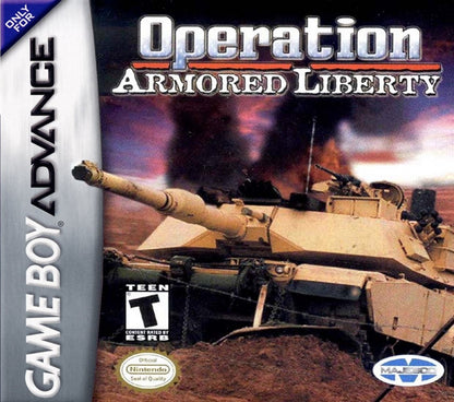 Operation Armored Liberty Game Boy Advance GBA cover art for retro video game enthusiasts featuring military action gameplay side scrolling shooter mechanics tactical combat missions futuristic warfare setting explosive battlefield encounters and portable handheld arcade style gaming experience and collectible gaming appeal