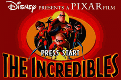 Disney Pixar The Incredibles title screen for Game Boy Advance (GBA) video game