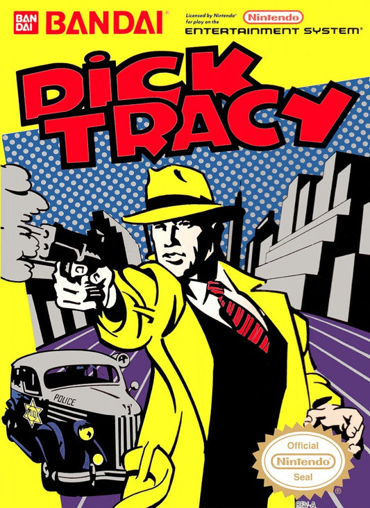 Dick Tracy retro NES video game Dick Tracy action shooter crime fighting side scrolling gameplay detective adventure movie based classic console title Nintendo Entertainment System release cover art