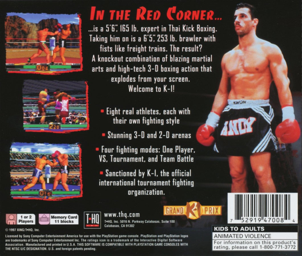 K-1 The Arena Fighters is a 3D kickboxing fighting game for the original PlayStation (PS1), featuring eight real-world K-1 fighters, multiple game modes including One Player, VS, Tournament, and Team Battle, and strategic combat focused on punches, kicks, stamina, power management, and signature moves back cover art
