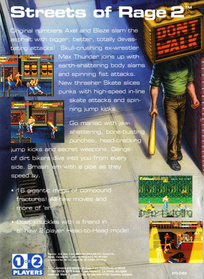 Streets of Rage 2 cartridge for the Sega Genesis not for resale variant featuring 16 bit side scrolling beat em up gameplay with cooperative multiplayer iconic soundtrack and intense street fighting action back cover art