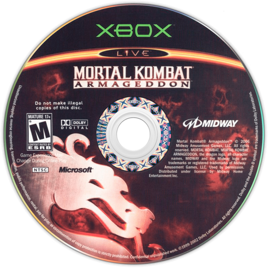 Mortal Kombat Armageddon Xbox game featuring brutal fighting action, massive character roster, and intense arcade-style combat disk