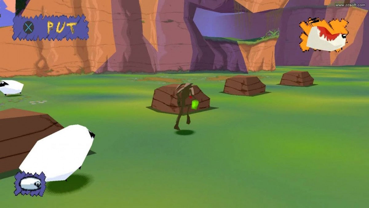 Sheep Raider game for the PlayStation featuring stealth puzzle gameplay as Ralph Wolf sneaks past Sam Sheepdog using gadgets disguises and environmental puzzles to capture sheep in a Looney Tunes themed setting gameplay 