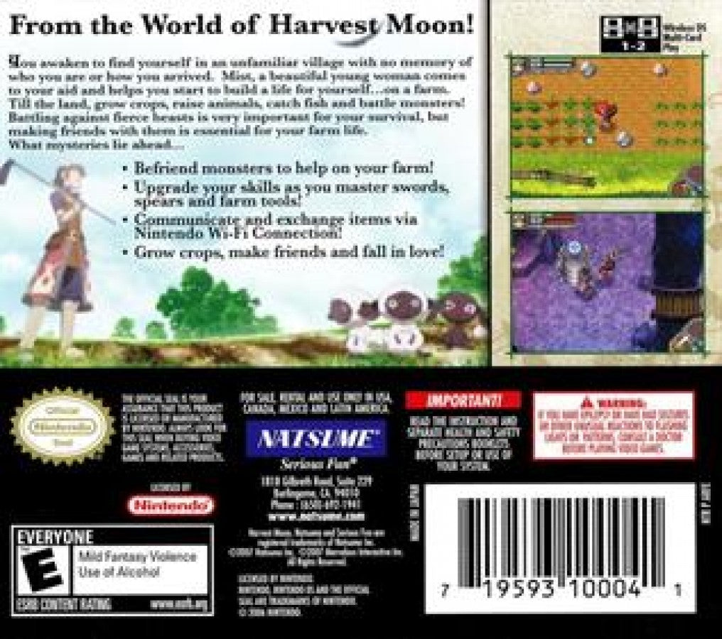 Rune Factory A Fantasy Harvest Moon Nintendo DS game featuring farming simulation, action RPG combat, and charming fantasy life gameplay back cover