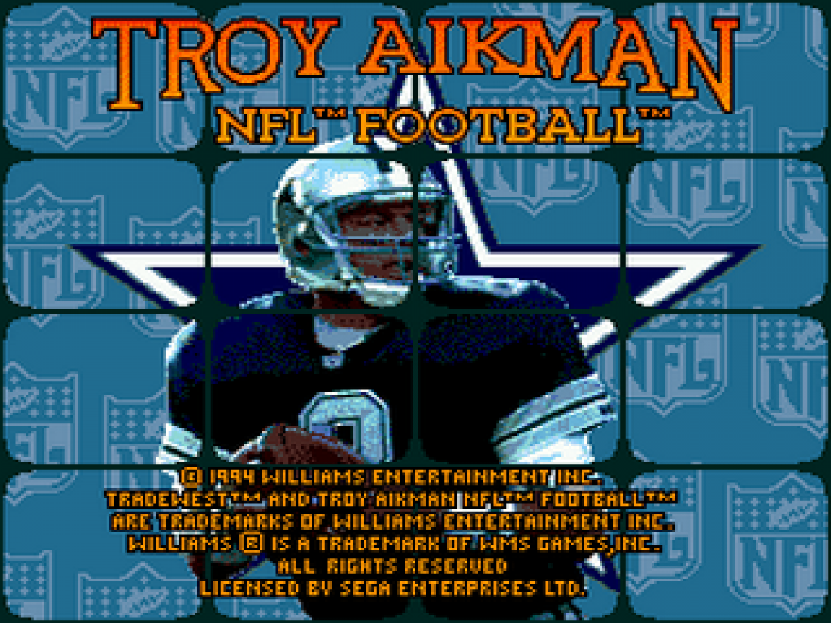 Troy Aikman NFL Football title screen for Sega Genesis (GEN) video game
