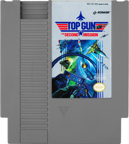 Top Gun The Second Mission Nintendo Entertainment System NES for retro video game enthusiasts featuring military flight combat gameplay jet fighter dogfights aerial missions aircraft carrier takeoffs and landings fast paced arcade action and collectible gaming appeal cartridge