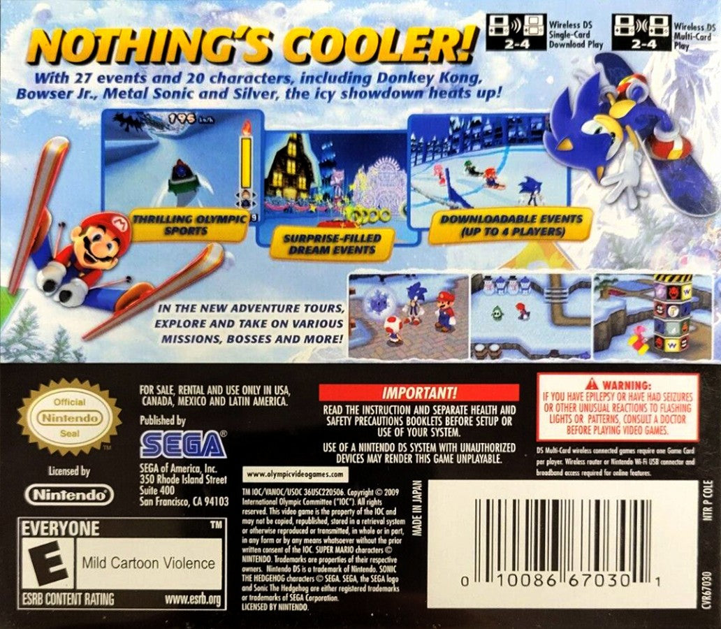 Mario & Sonic at the Olympic Winter Games for Nintendo DS, back of case for a sports party video game with winter Olympic events, mini-games, multiplayer competition, and character-based gameplay