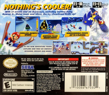 Mario & Sonic at the Olympic Winter Games for Nintendo DS, back of case for a sports party video game with winter Olympic events, mini-games, multiplayer competition, and character-based gameplay