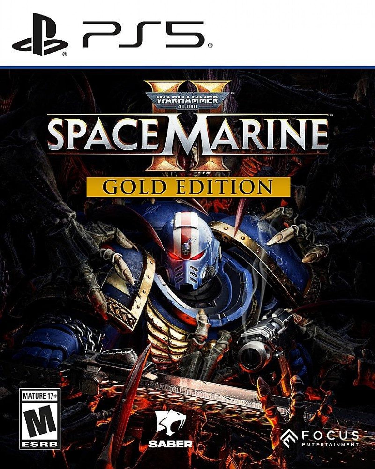Warhammer 40,000: Space Marine 2 [Gold Edition] for PlayStation 5 (PS5) at Gamers INC, featuring the ultimate visceral action experience with the Season Pass and 4-day early access, allowing you to embody the superhuman skill and brutality of a Space Marine as you purge relentless Tyranid swarms across the galaxy in spectacular 4K combat front cover