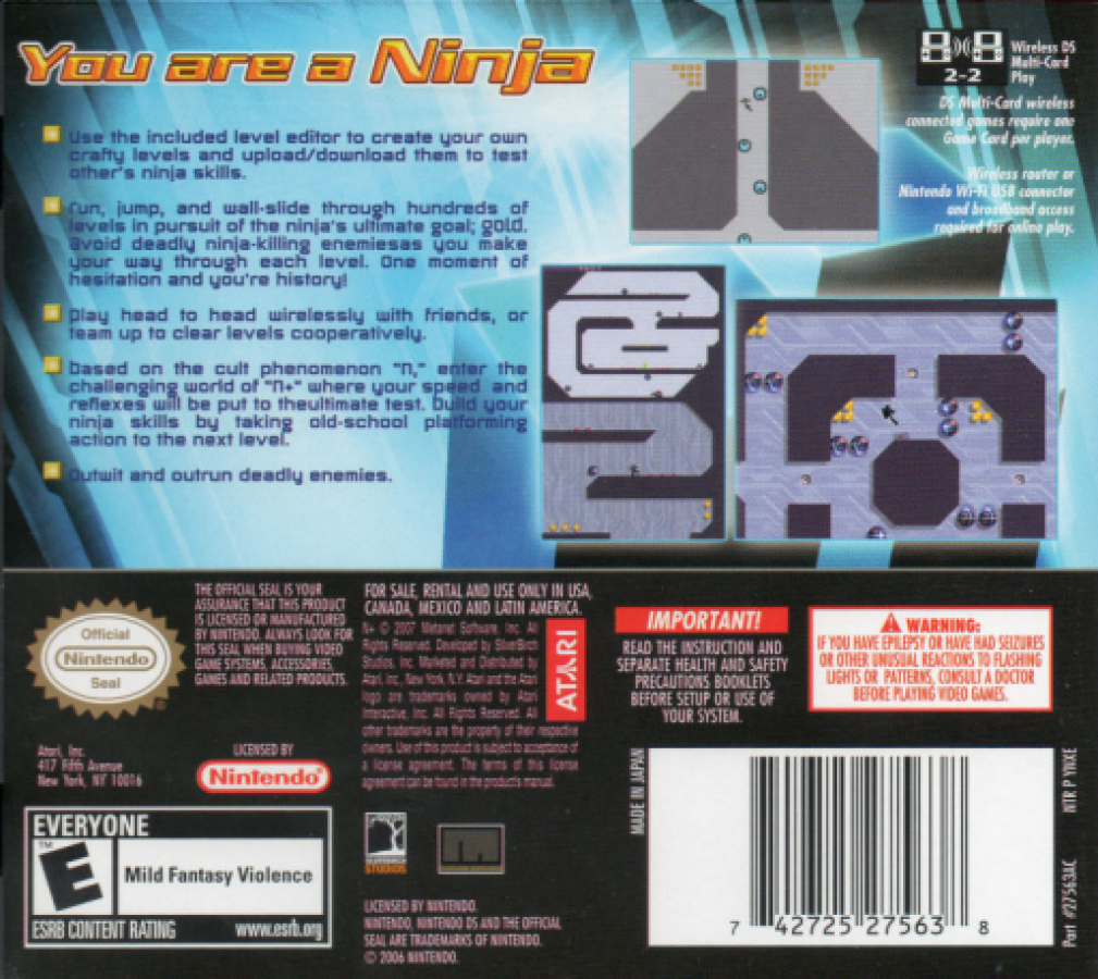 N+ back of case for Nintendo DS (DS) puzzle platforming action video game