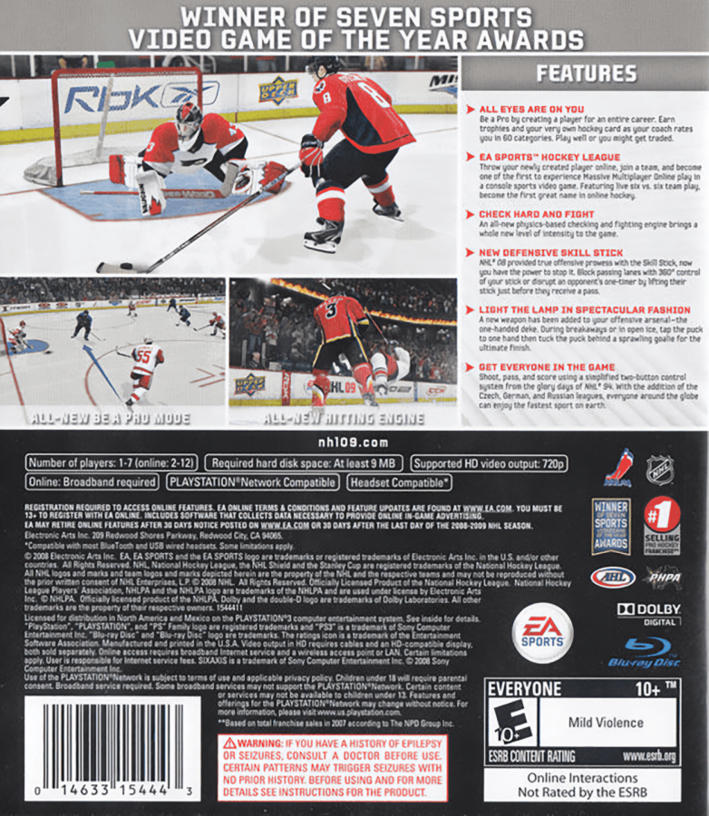 NHL 09 back cover art for PlayStation 3 PS3 video game