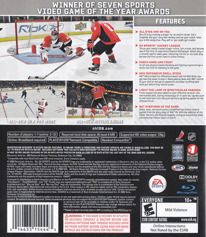 NHL 09 back cover art for PlayStation 3 PS3 video game