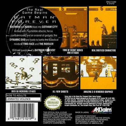 Batman Forever Game Boy GB for retro video game enthusiasts featuring action platforming gameplay superhero crime fighting Gotham City adventure side scrolling combat gadget based challenges comic inspired action and collectible gaming appeal back cover