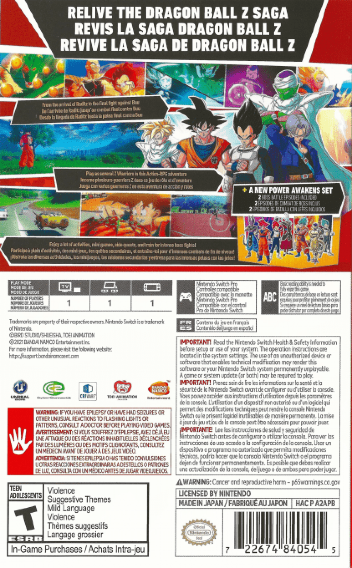 Dragon Ball Z Kakarot plus A New Power Awakens Set back of box for Nintendo Switch NS video game