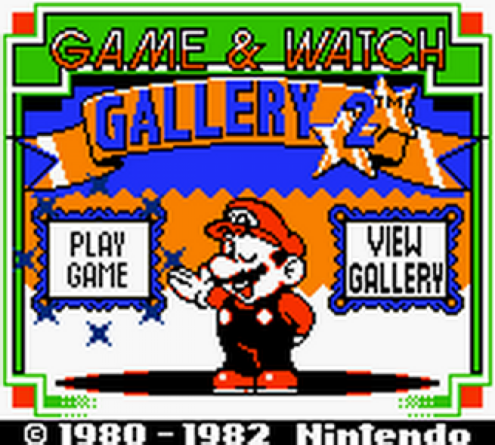 Game & Watch Gallery 2 for Game Boy Color, title screen for a retro compilation video game with classic handheld mini-games, updated gameplay modes, score challenges, and Nintendo character-themed visuals