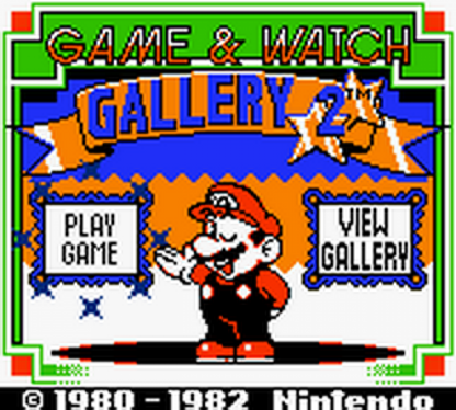 Game & Watch Gallery 2 for Game Boy Color, title screen for a retro compilation video game with classic handheld mini-games, updated gameplay modes, score challenges, and Nintendo character-themed visuals