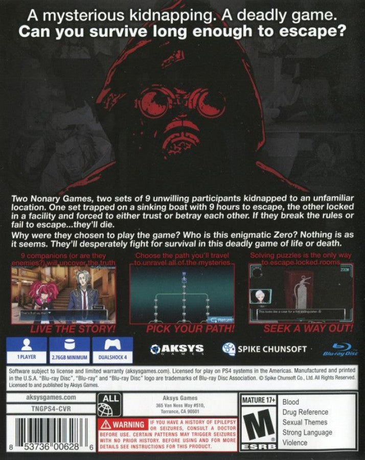 Zero Escape The Nonary Games PlayStation 4 PS4 for retro video game enthusiasts featuring visual novel puzzle adventure gameplay escape room challenges branching narrative choices psychological mystery storytelling logic based puzzles multiple endings and collectible gaming appeal back art 