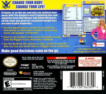 The Biggest Loser Nintendo DS video game, fitness and lifestyle simulation, exercise and nutrition gameplay, handheld console title back cover