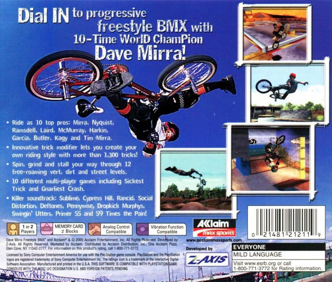 Dave Mirra Freestyle BMX Greatest Hits PlayStation 1 PS1 for retro video game enthusiasts featuring extreme sports gameplay freestyle BMX biking trick based challenges skatepark and street course competitions arcade style riding mechanics multiplayer action and collectible gaming appeal back cover 
