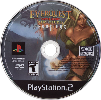 EverQuest Online Adventures: Frontiers for PlayStation 2 (PS2) featuring the console MMO expansion that adds new zones quests monsters and gear to the world of Norrath; team up with other players choose a class and explore a large online fantasy adventure built for PS2 network play disc