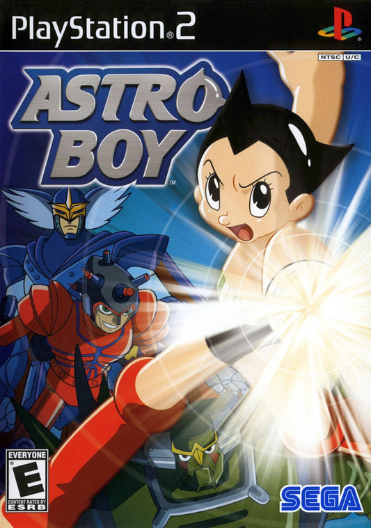 Astro Boy disc for the PlayStation 2 featuring action platforming gameplay based on the classic manga and anime with flight combat robot abilities and story driven missions starring Astro Boy (Atom) fighting enemies and saving the future front cover