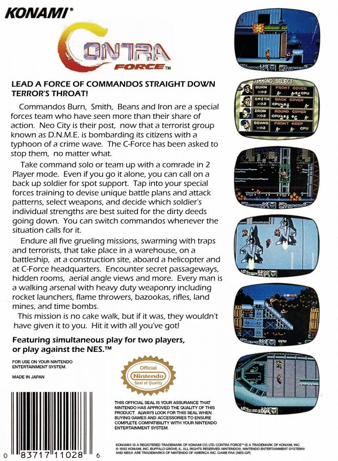 Contra Force Nintendo Entertainment System NES for retro video game enthusiasts featuring run and gun action gameplay side scrolling shooter mechanics cooperative missions intense enemy encounters military themed combat challenging stages and collectible gaming appeal back art 