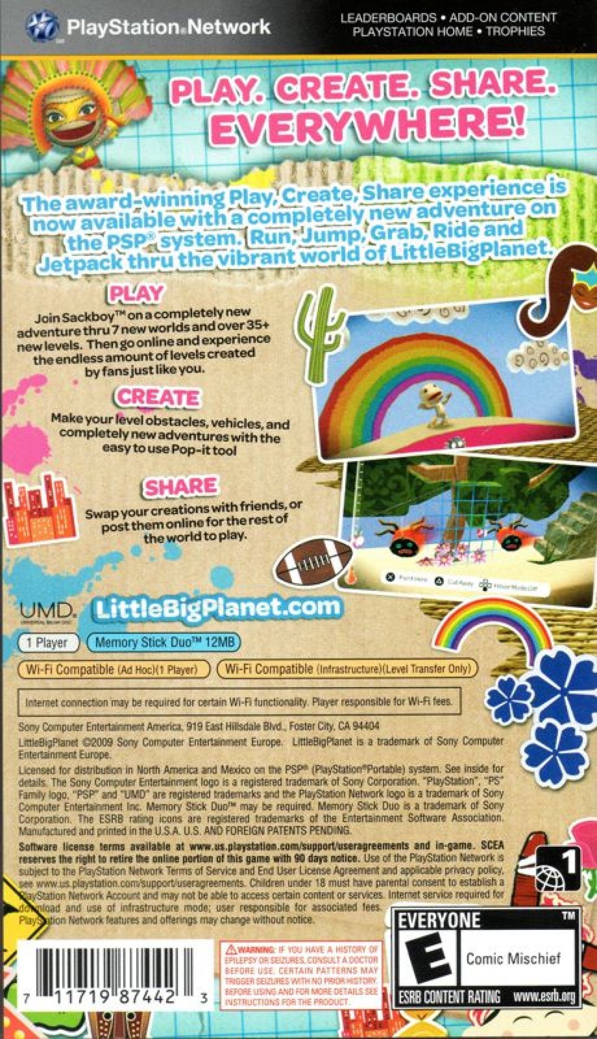 LittleBigPlanet Greatest Hits PlayStation Portable inspired design featuring creative platform adventure aesthetic Sackboy character charming handcrafted worlds imaginative puzzle solving user generated content colorful family friendly gameplay handheld gaming presentation back cover
