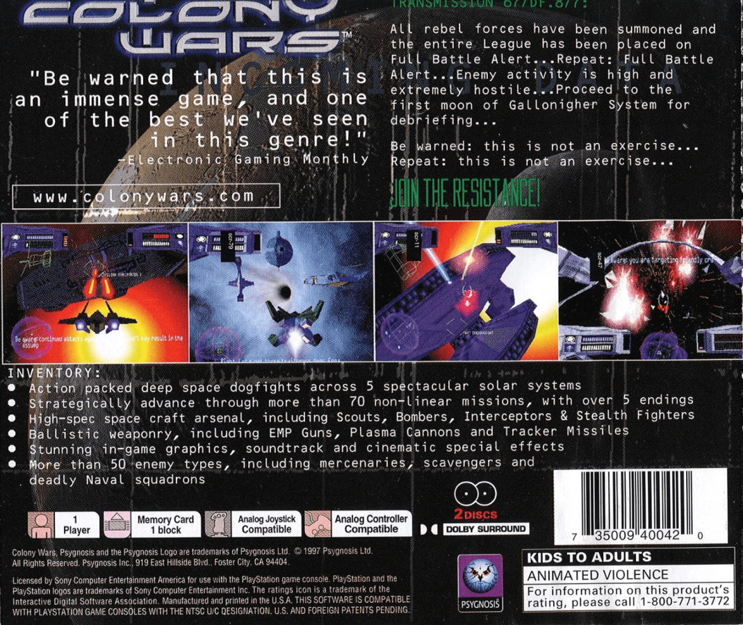 Colony Wars PlayStation 1 space combat flight simulator video game Psygnosis interstellar warfare campaign back cover art 