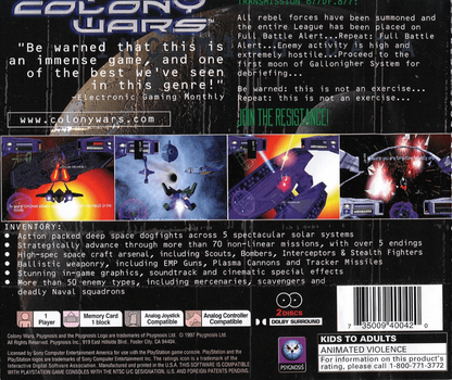 Colony Wars PlayStation 1 space combat flight simulator video game Psygnosis interstellar warfare campaign back cover art 