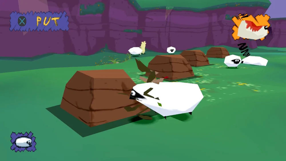 Sheep Raider game for the PlayStation featuring stealth puzzle gameplay as Ralph Wolf sneaks past Sam Sheepdog using gadgets disguises and environmental puzzles to capture sheep in a Looney Tunes themed setting gameplay 
