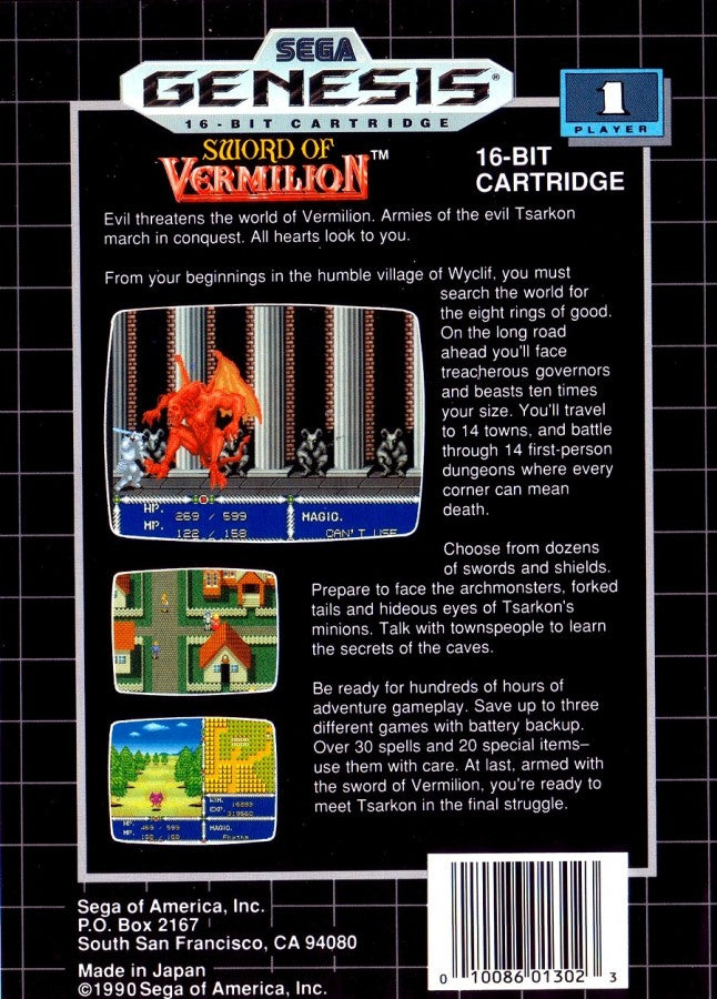 Sword of Vermilion back cover art for Sega Genesis (GEN) video game