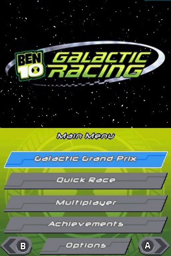 Ben 10: Galactic Racing main menu for Nintendo 3DS (3DS) racing video game