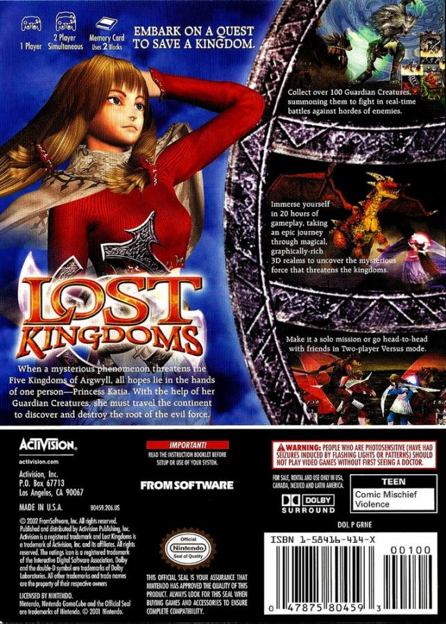 Lost Kingdoms GameCube Nintendo GameCube action RPG card based combat real time battles summoning monsters trading card system fantasy adventure FromSoftware exploration story driven gameplay retro gaming GameCube software video game title back cover art