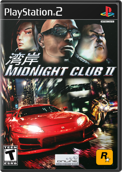Midnight Club II cover art for PlayStation 2 (PS2) featuring high‑speed street racing across Los Angeles, Paris, and Tokyo with customizable cars and motorcycles.