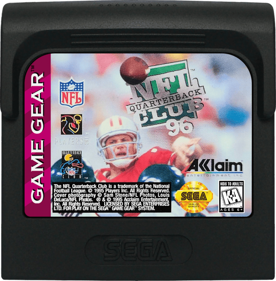 NFL Quarterback Club 96 cartridge cover art for Sega Game Gear football video game.