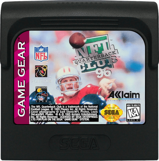 NFL Quarterback Club 96 cartridge cover art for Sega Game Gear football video game.