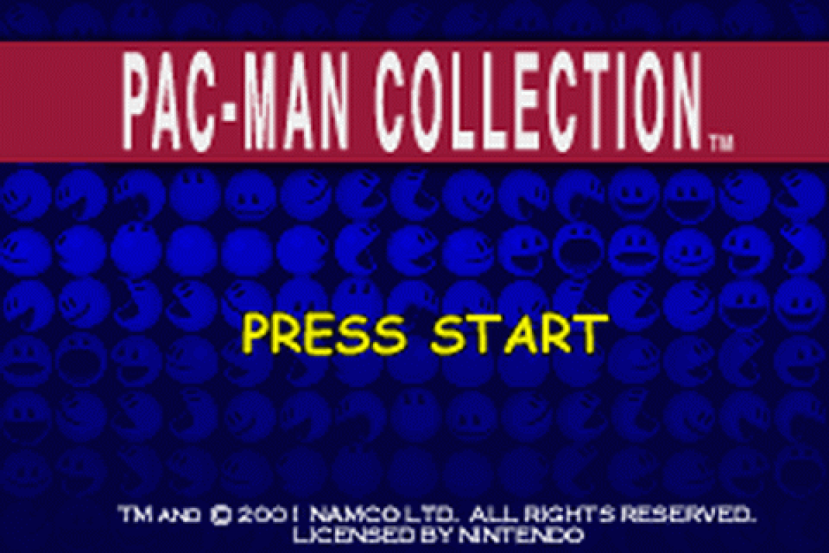Pac-Man Collection for Game Boy Advance, title screen for an arcade compilation video game with classic maze gameplay, multiple game modes, retro challenges, and iconic character action