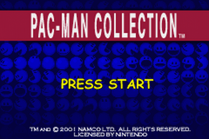 Pac-Man Collection for Game Boy Advance, title screen for an arcade compilation video game with classic maze gameplay, multiple game modes, retro challenges, and iconic character action