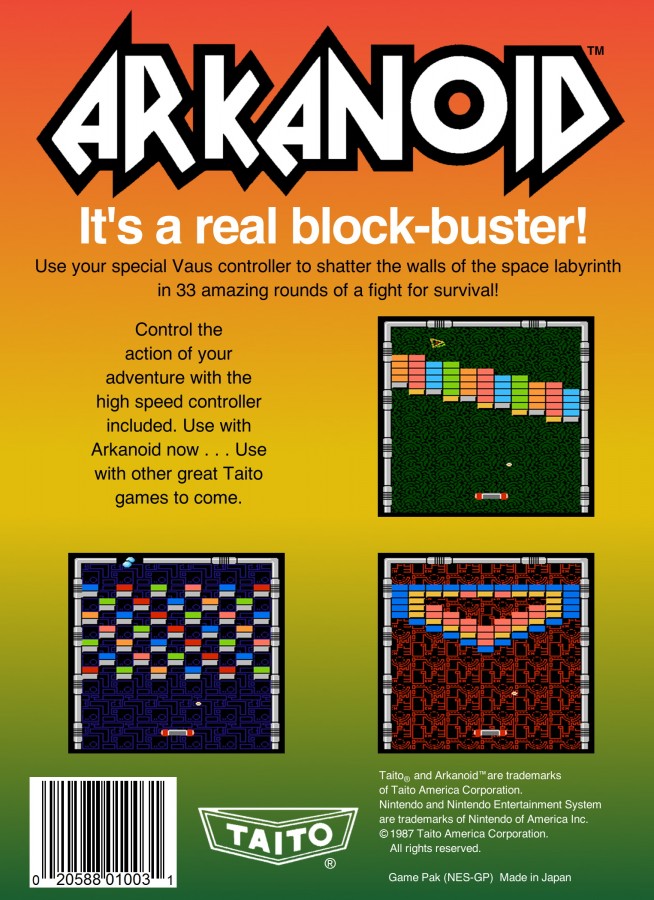 Arkanoid cartridge for the Nintendo Entertainment System featuring 8 bit block breaking arcade action with paddle gameplay power ups and challenging levels back cover